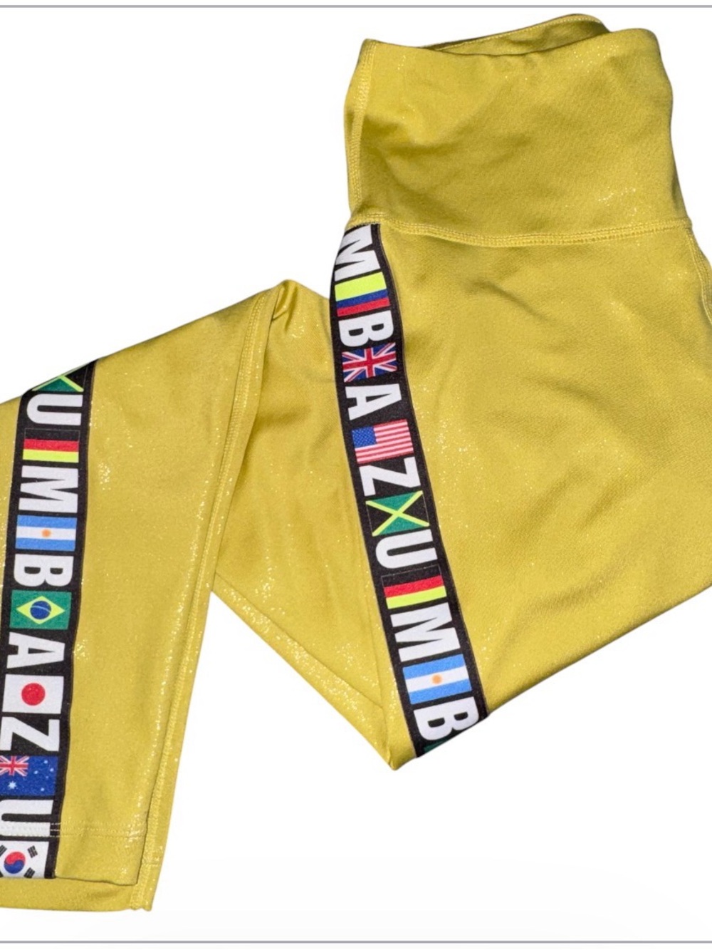 Zumba Wear Spicy Metallic Gold Shimmer Leggings Size S/SM World Flags Athletic